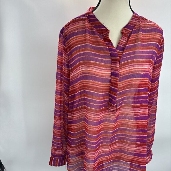 Liz Claiborne Womens L Multicolor Stripe Long Sleeve V Neck Blouse Top - Picture 2 of 6